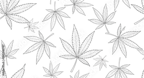 Pattern of hand drawn cannabis leaves forms a seamless repeating design used as a decorative background for textiles and pop art.