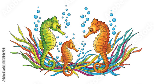 Vibrant aquatic scene showing three seahorses of green and orange hues among twisting colorful seaweed with rising bubbles in a playful underwater landscape.