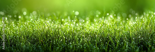 sparkling morning dew on fresh spring grass creating a cool textured top section with a clean smooth lower area for text placement