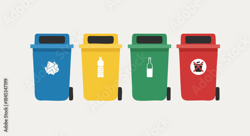 Trash separated into color bins, waste separation system with color coded recycling and recycling bin row, suitable for poster design, article header, and environmental education materials.