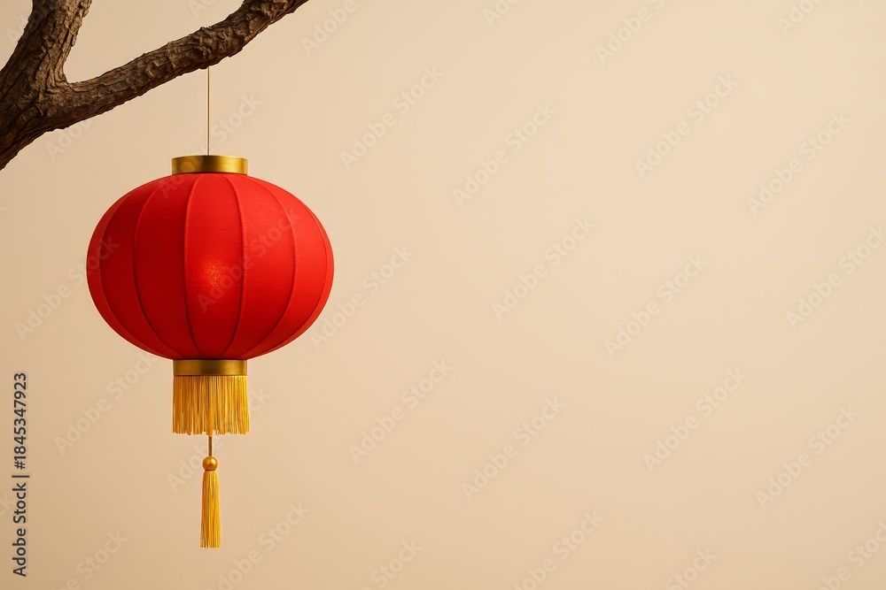 Fototapeta premium Chinese Lunar New Year poster with hanging red lantern and copy space on beige, Chunjie holidays