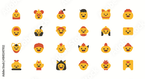 Collection of diverse cartoon characters with expressive faces and costumes.