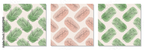 Set of trendy minimalist seamless botanical pattern with abstract creative line art hand drawn composition