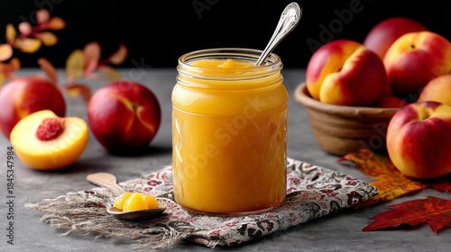 A glass jar of homemade peach compote sits on a rustic cloth, surrounded by fresh peaches. The golden compote glimmers under gentle light, celebrating the flavors of summer