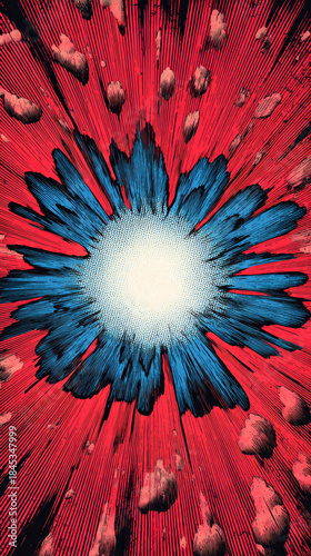 Explosion with bright center and red and blue streaks, dynamic energy and scattered debris creating intense motion effect