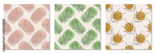 Set of trendy minimalist seamless botanical pattern with abstract creative line art hand drawn composition