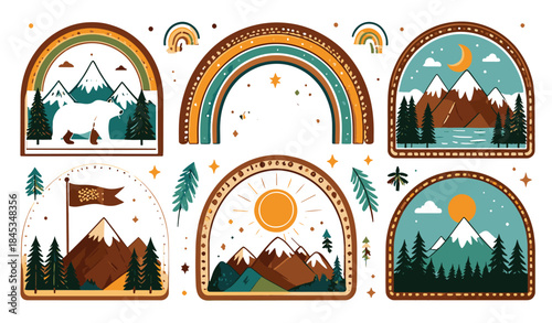 Vibrant Collection of Mountain and Nature-Themed Illustrations Featuring Rainbows, Trees, and Wildlife Scenes