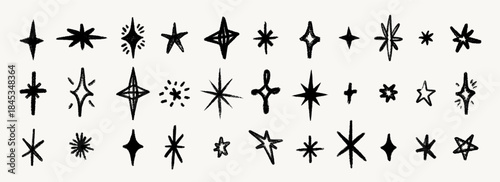 Hand drawn crayon star and sparkle set with rough pencil texture. Vector doodle shapes in chalk style with hand drawn stars and sparkles. Perfect for kids designs, wallpaper, wrapping paper, fabric
