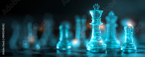 Chess piece king glowing with digital network effect on chessboard in dark background, futuristic strategy concept
