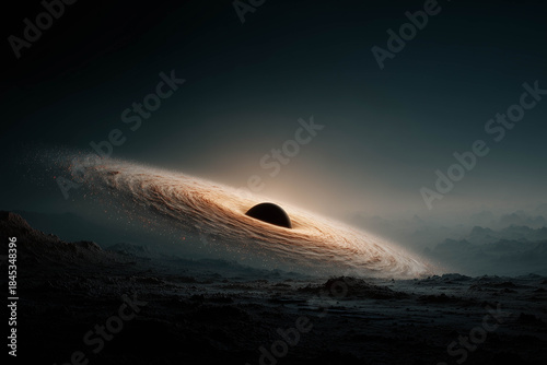 Glowing accretion disk of a massive black hole hovering above a dark rocky alien landscape in deep space