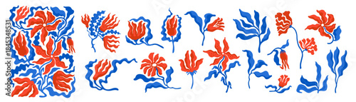 Wildflower floral set with wavy Nordic vector plants in red and blue. Groovy ...