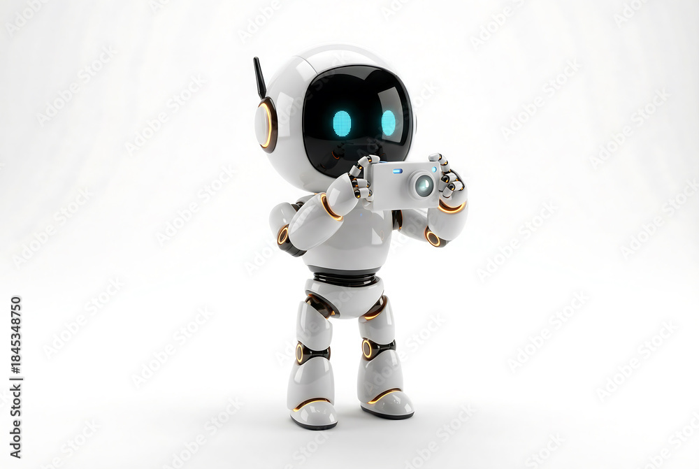 Naklejka premium Cute Small Futuristic Humanoid Robot Holding a Compact Digital Camera to Take a Photo isolated on white background. 3D rendering illustration. Copy space