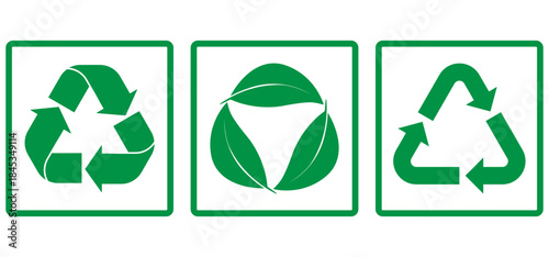 Set of recycling icons. Recycle symbol collection. Perfect for eco friendly design, sustainability, waste management, circular economy, and renewable process. Icons, vector. Plastic, paper, glass