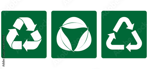 Set of recycling icons. Recycle symbol collection. Perfect for eco friendly design, sustainability, waste management, circular economy, and renewable process. Icons, vector. Plastic, paper, glass