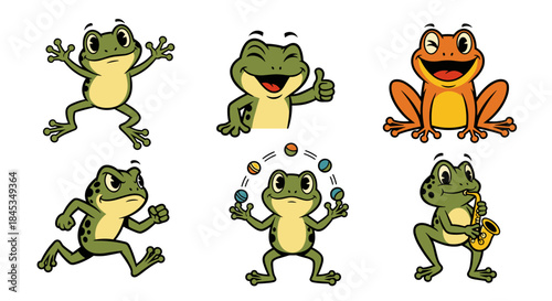 Set of six cartoon frogs in various poses and activities.