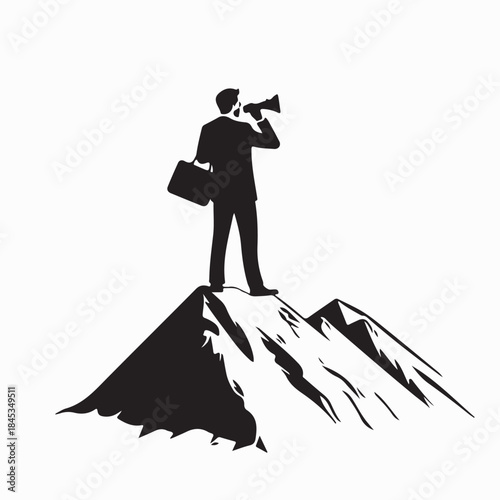 Businessman With Briefcase In Hand Stand On Mountain Top Watching To Spyglass Business silhouette vector