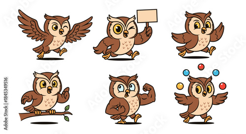 Cute cartoon owls in various poses and actions.