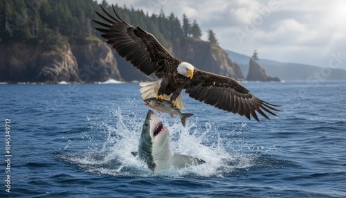 Majestic Bald Eagle Grabs Fish Mid Air Above Leaping Shark in Bright Sunlight Over Rippling Blue Ocean Water Near Rocky Coastline with Pine Trees