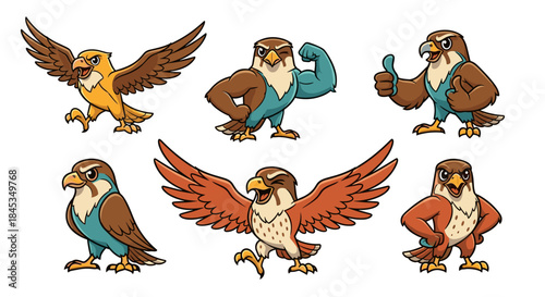 Set of cartoon falcons in various poses and outfits.