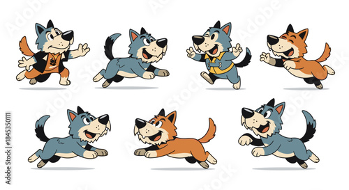 Set of cartoon dogs in various running poses and outfits.