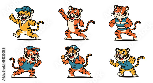Cute Cartoon Tigers in Various Poses and Outfits.
