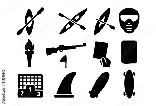 A collection of minimalist black silhouette vector icons representing various sports, outdoor activities, equipment, and competition elements on a white background — stock vector.