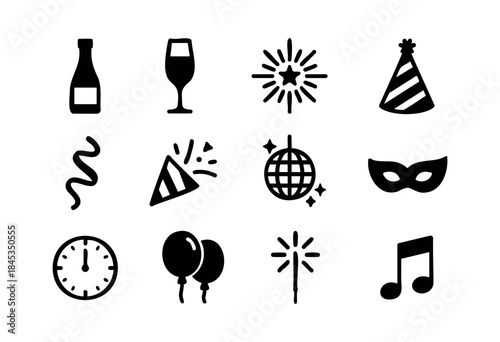 A collection of black silhouette icons depicting various elements of a celebration, party, or New Year's Eve event on a white background — stock vector.