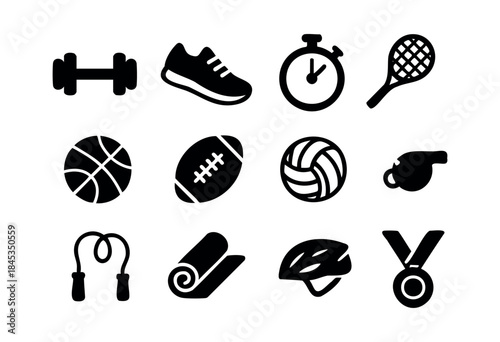 A collection of black silhouette icons representing various sports, fitness activities, and athletic equipment on a white background — stock vector.