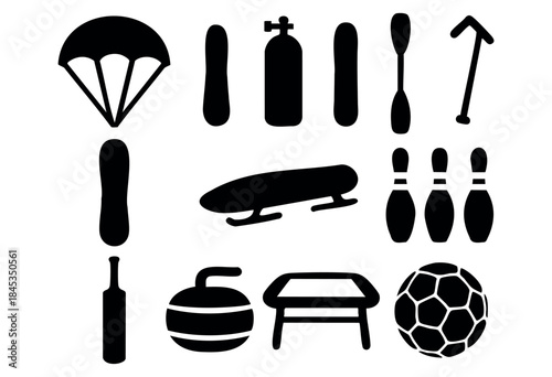 A diverse collection of black silhouette icons representing various sports equipment and activities on a clean white background — stock vector.