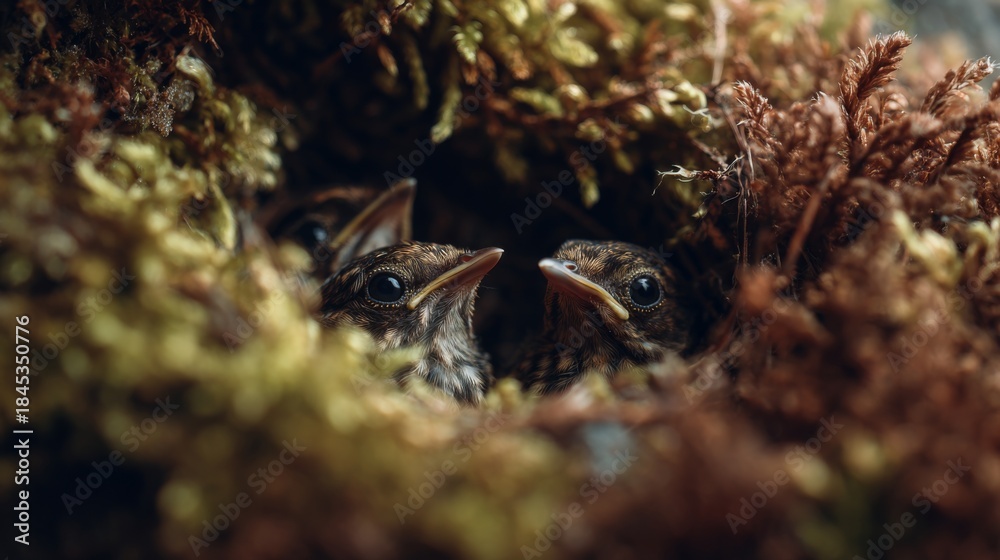 Obraz premium Close-Up View of Baby Birds in a Nest Surrounded by Greenery and Natural Elements, Showcasing Nature's Beauty and Growing Life