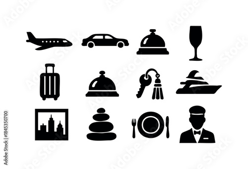 A comprehensive set of black silhouette icons representing premium travel, hotel services, and leisure experiences on a white background — stock vector.