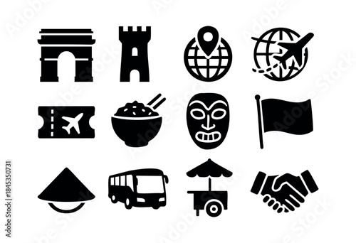 A comprehensive set of black silhouette icons representing global travel, cultural elements, transportation, and international experiences on a white background — stock vector.