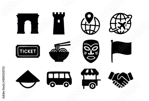 A collection of black silhouette icons representing travel, tourism, global culture, food, and transport, isolated on a white background — stock vector.