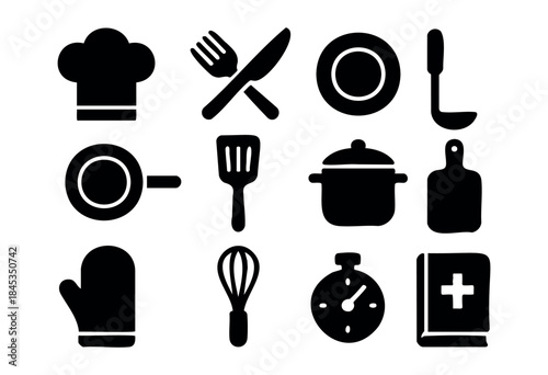 A comprehensive collection of black silhouette glyphs depicting various essential kitchen and cooking utensils and equipment on a white background — stock vector.