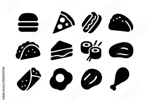 A diverse collection of minimalist black silhouette icons representing various popular fast food and meal items like burgers, pizza, tacos, and sushi, isolated on white background — stock vector.
