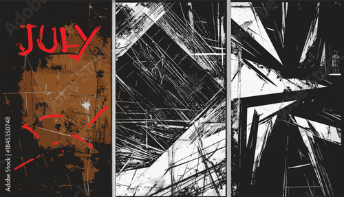 Abstract dark and bright lines intersecting with grunge texture and red text 'July'