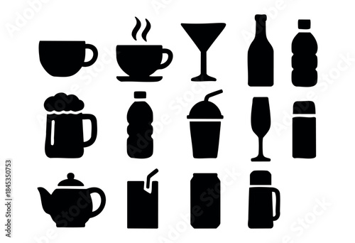 A comprehensive collection of black silhouette icons representing various drink containers and vessels, isolated on a white background — stock vector.