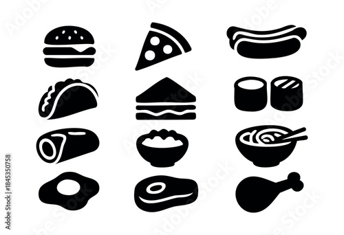 A collection of black silhouette icons depicting various popular fast food and restaurant dishes, presented on a white background — stock vector.