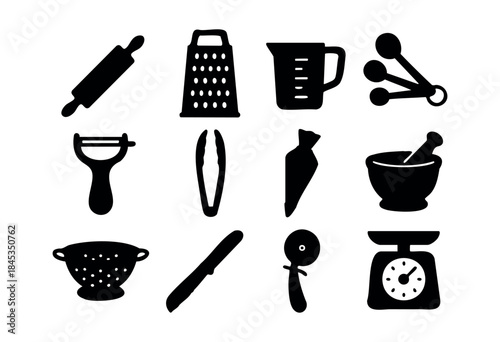 A comprehensive collection of essential cooking and baking utensils depicted as minimalist black silhouette icons on a white background — stock vector.