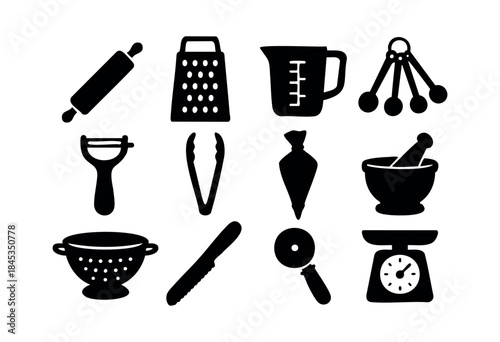 A collection of minimalist black silhouette icons representing various kitchen and baking utensils, perfect for culinary-themed designs — stock vector.