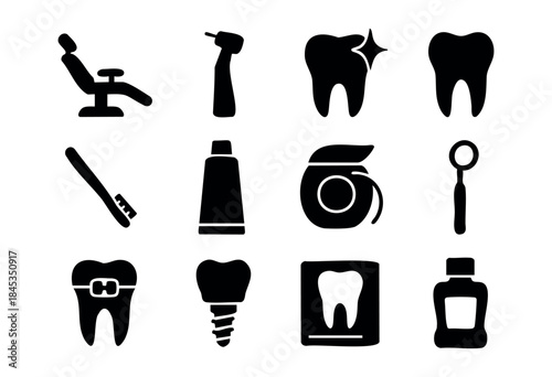 A comprehensive set of twelve black silhouette icons depicting essential dental care, oral hygiene products, and dentistry tools on a white background — stock vector.
