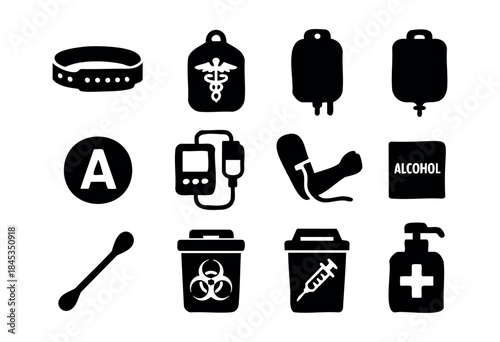 A collection of black silhouette icons representing various medical tools, procedures, and safety concepts essential for healthcare services on a white background — stock vector.