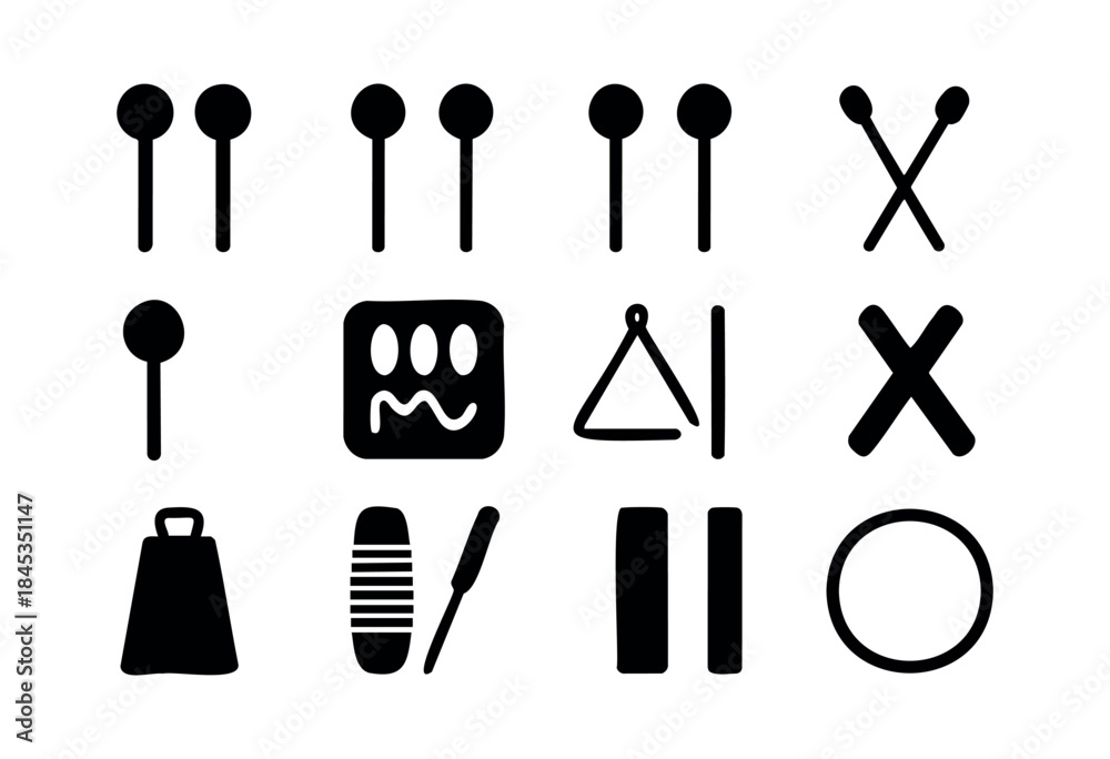 Obraz premium A collection of minimalist black silhouette icons representing various percussion instruments and musical elements on a white background — stock vector.