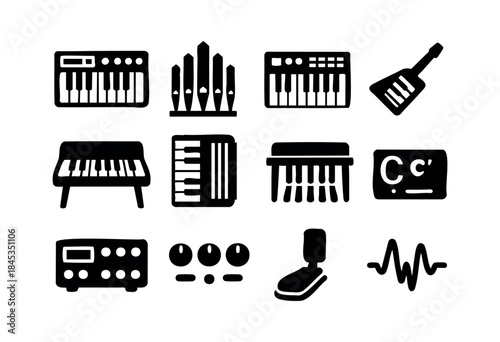 A collection of black silhouette vector icons representing various musical keyboard instruments, audio production equipment, and sound elements — stock vector.