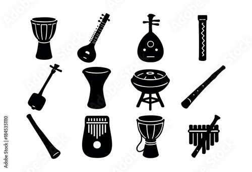 A diverse collection of black silhouette icons representing traditional and ethnic musical instruments from around the world, perfect for cultural and music-related designs — stock vector.
