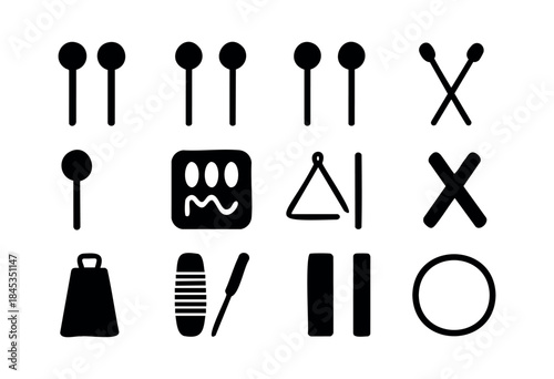 A collection of minimalist black silhouette icons representing various percussion instruments and musical elements on a white background — stock vector.