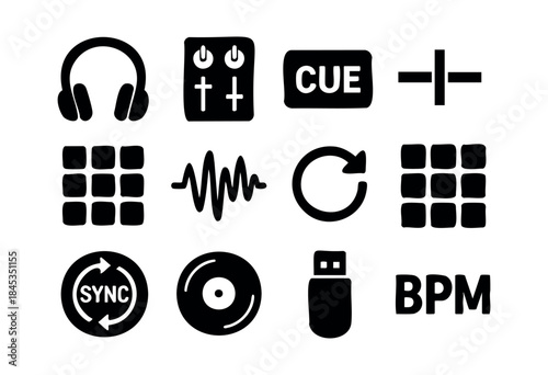 A comprehensive set of black silhouette icons depicting DJing, music production, and audio engineering elements on a white background. — stock vector.