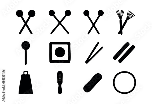A collection of black silhouette icons representing various percussion instruments and rhythmic accessories on a white background — stock vector.