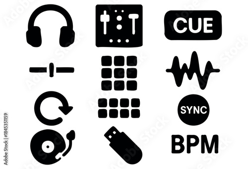 A comprehensive set of black silhouette icons depicting DJing, music production, and audio engineering elements on a white background. — stock vector.