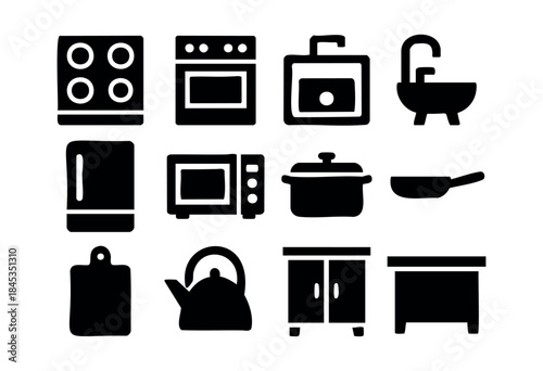 A collection of black silhouette icons featuring essential kitchen appliances, cooking utensils, and home furniture items on a white background — stock vector.